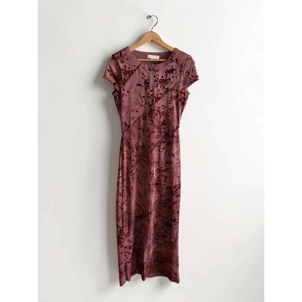 Thirty Thirty LA Mauve Burnout Velvet Floral Midi Dress Short Sleeve Sheath M